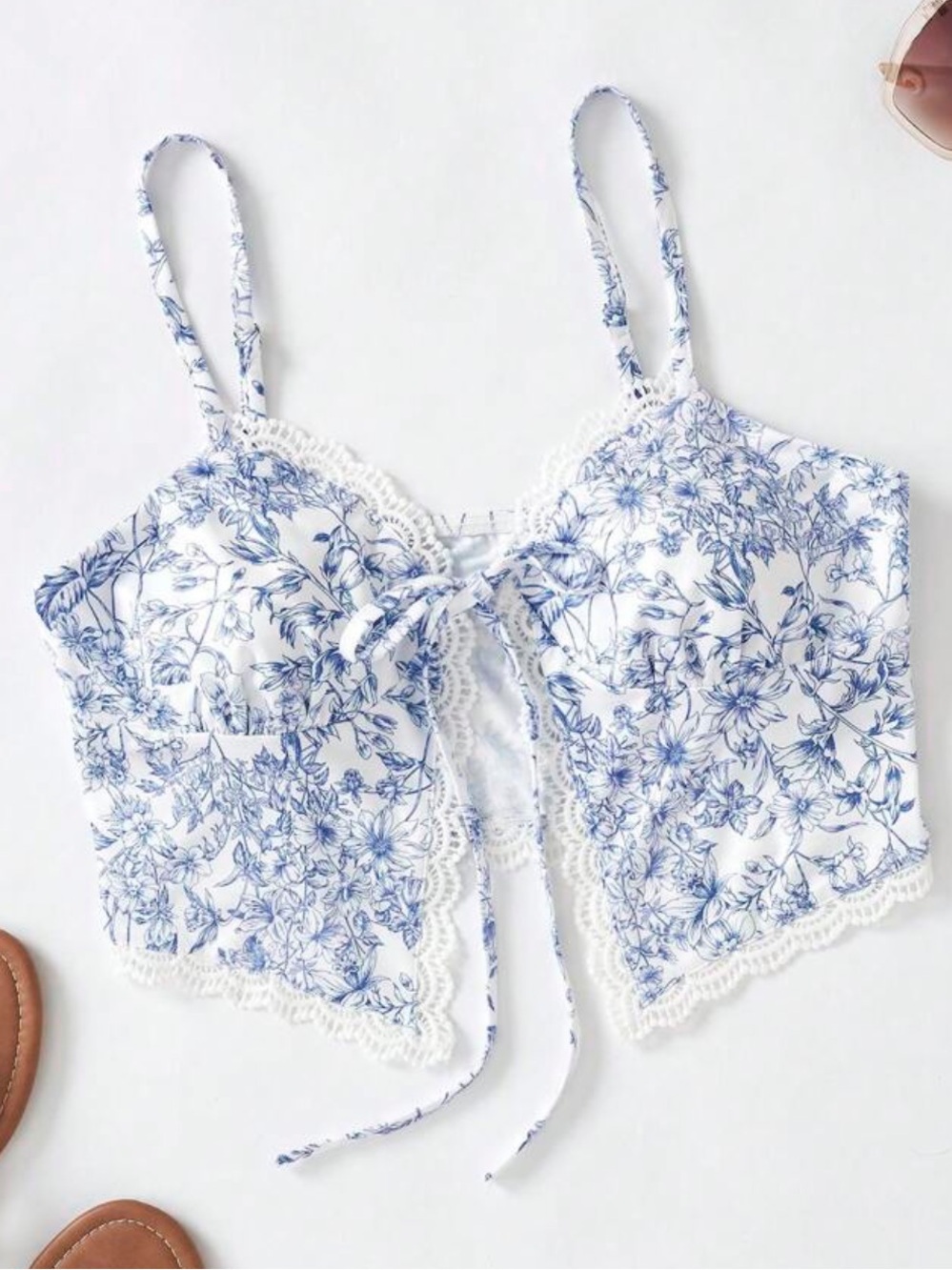 Blue Floral Lace-Trim Tie-Front Cami Size XL